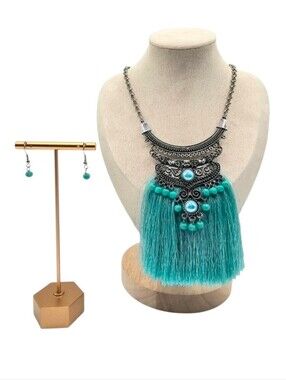Silver Tone Blue Fringe Tassel Necklace Set